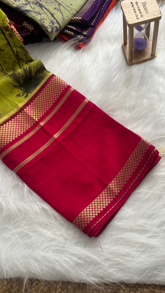 Crepe Kalamkari Print Parrot Green & Cherry Red Saree