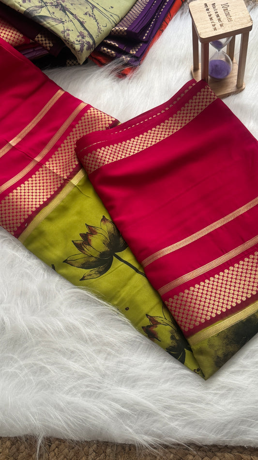 Crepe Kalamkari Print Parrot Green & Cherry Red Saree