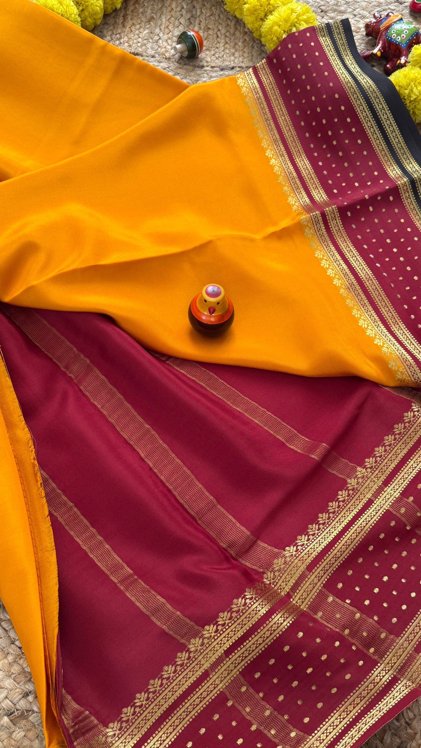 Pure Mysore Silk - Bespoke Drapes - Mustard Yellow & Maroon & Black