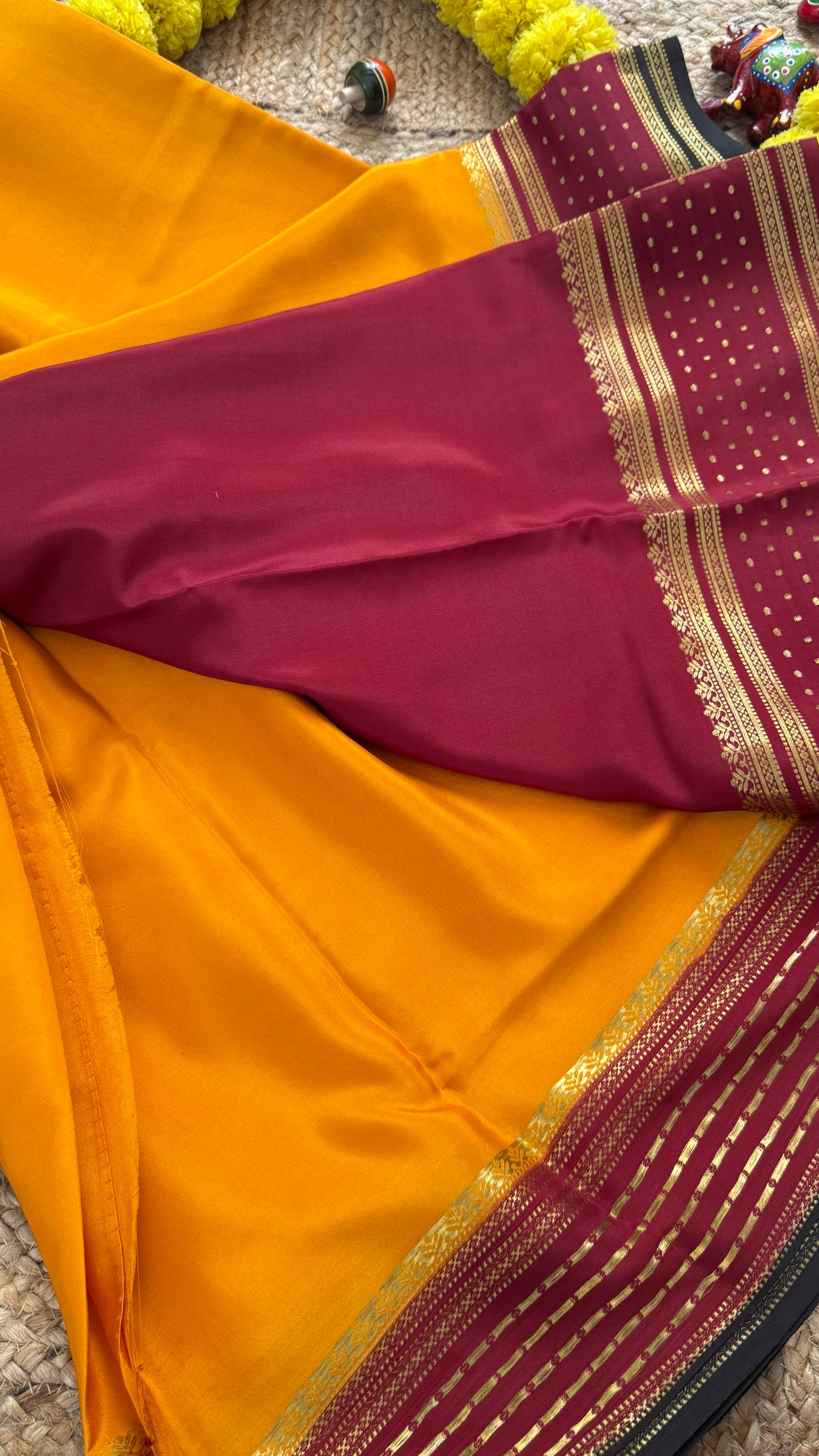 Pure Mysore Silk - Bespoke Drapes - Mustard Yellow & Maroon & Black