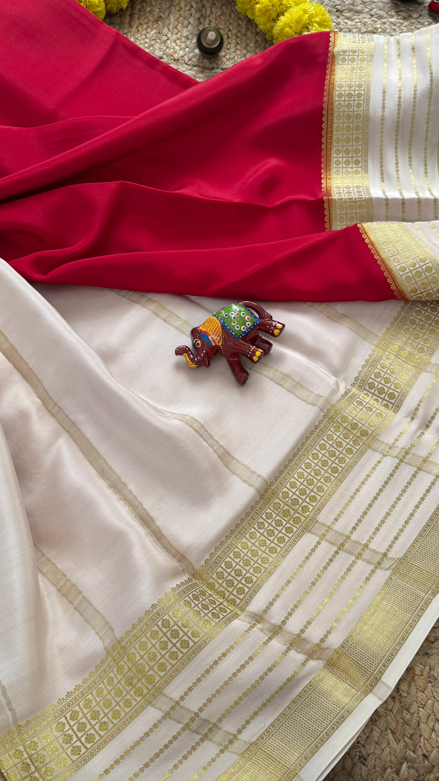 Pure Mysore Silk - Bespoke Drapes - Red & White & Light Green