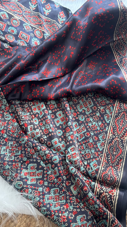 Navami Modal Silk Saree - Black Printed