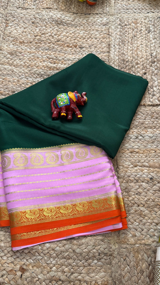 Pure Mysore Silk - Bespoke Drapes - Dark Green & Baby Pink & Orange