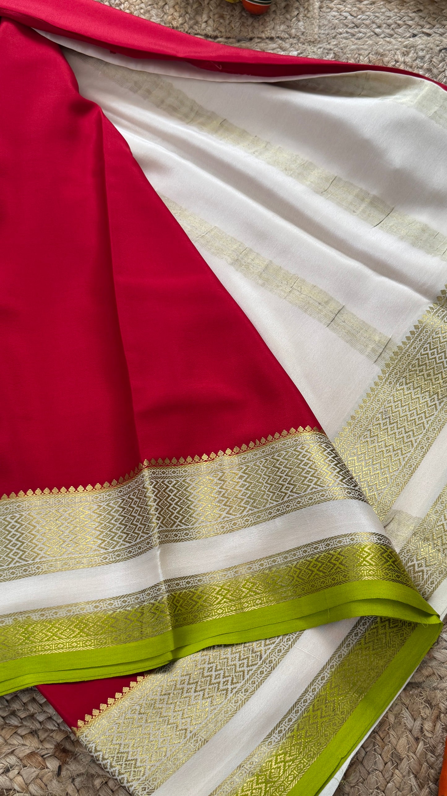Pure Mysore Silk - Bespoke Drapes - Red & White & Light Green