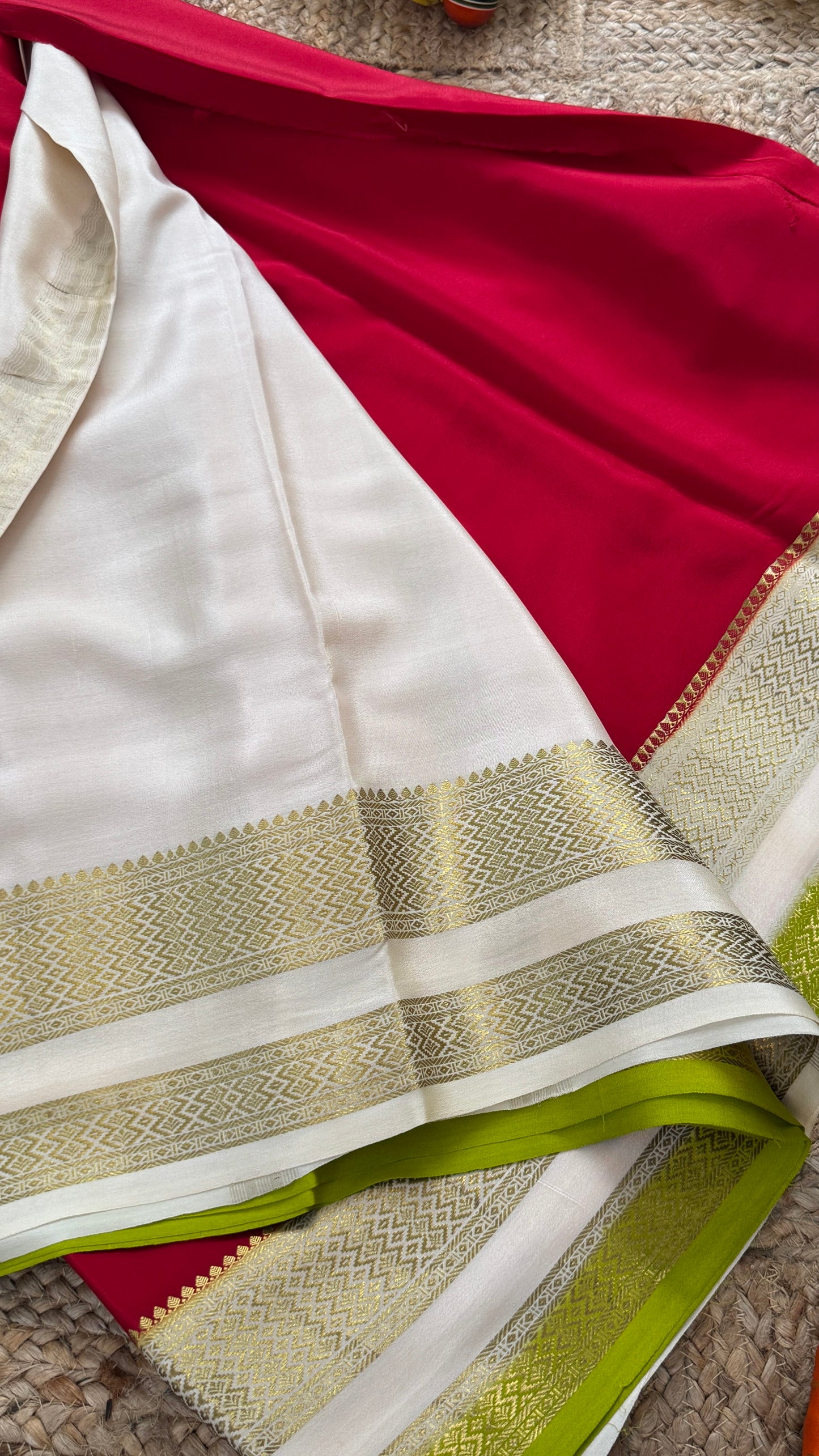 Pure Mysore Silk - Bespoke Drapes - Red & White & Light Green