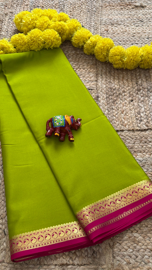 Mysore Silk Lite - Parrot Green and Pink Boarder