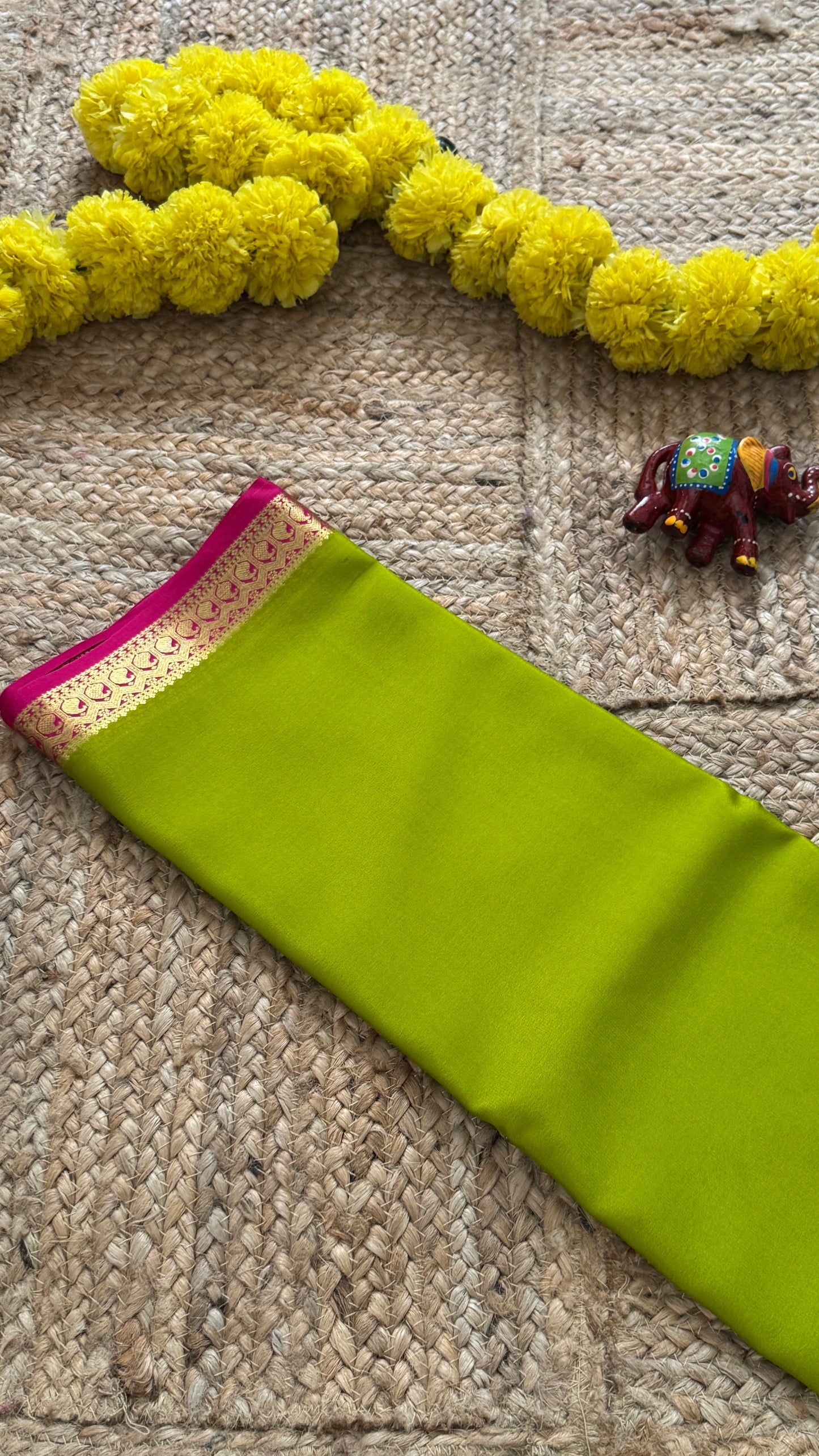 Mysore Silk Lite - Parrot Green and Pink Boarder