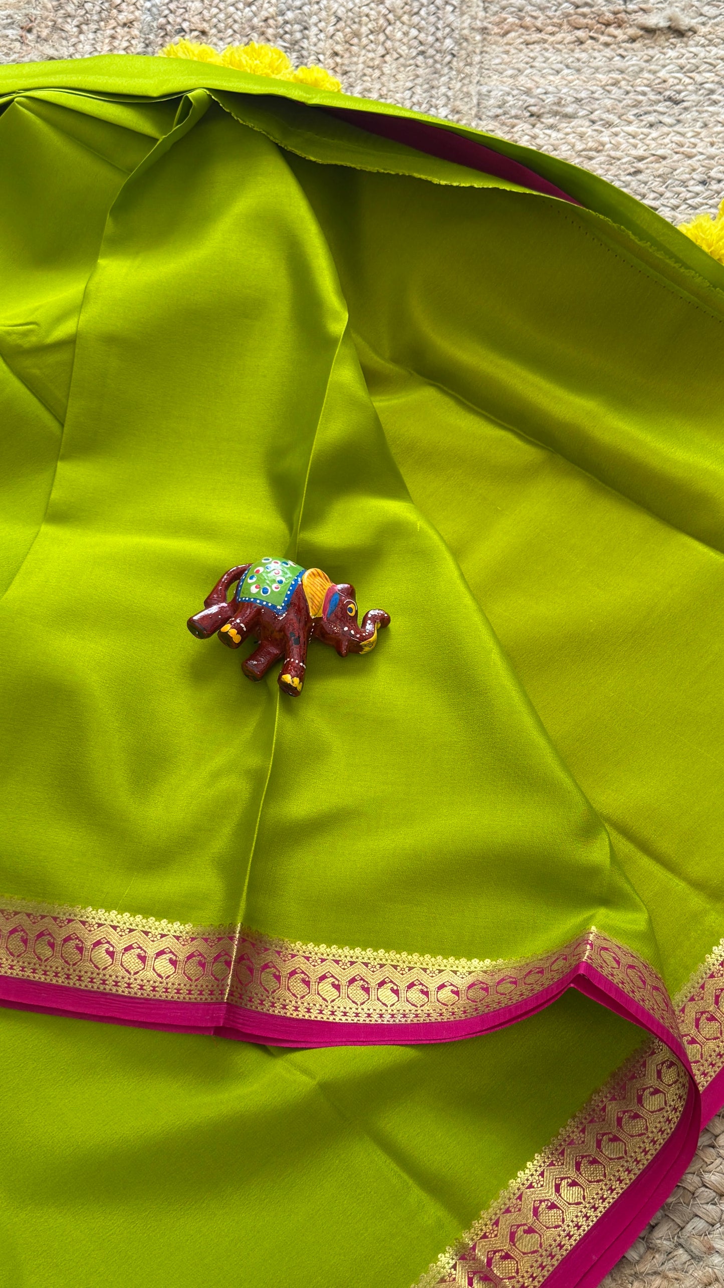 Mysore Silk Lite - Parrot Green and Pink Boarder