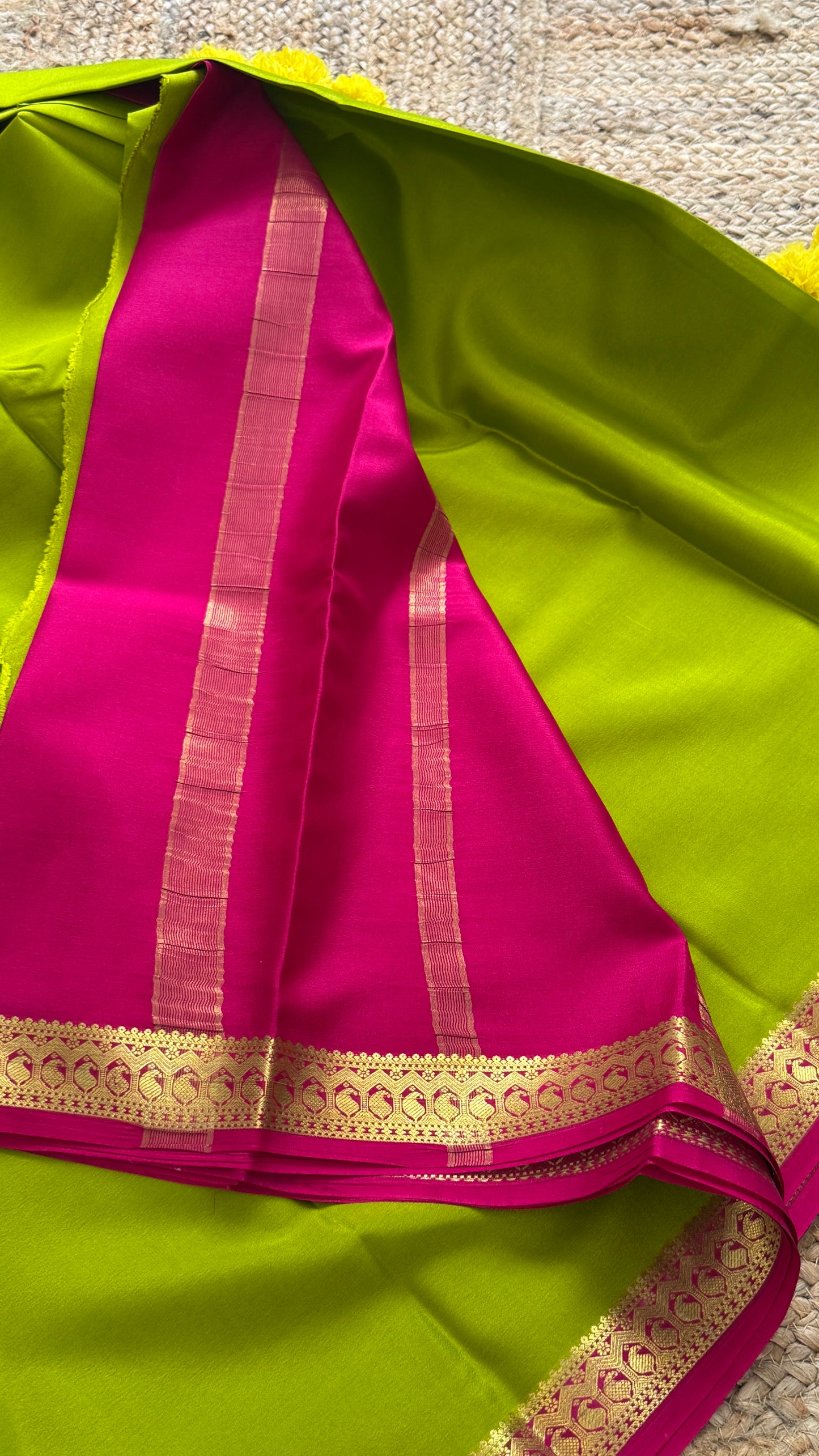 Mysore Silk Lite - Parrot Green and Pink Boarder