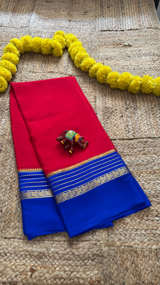 Mysore Silk Saree - Red and Royal Blue Peacock Boarder