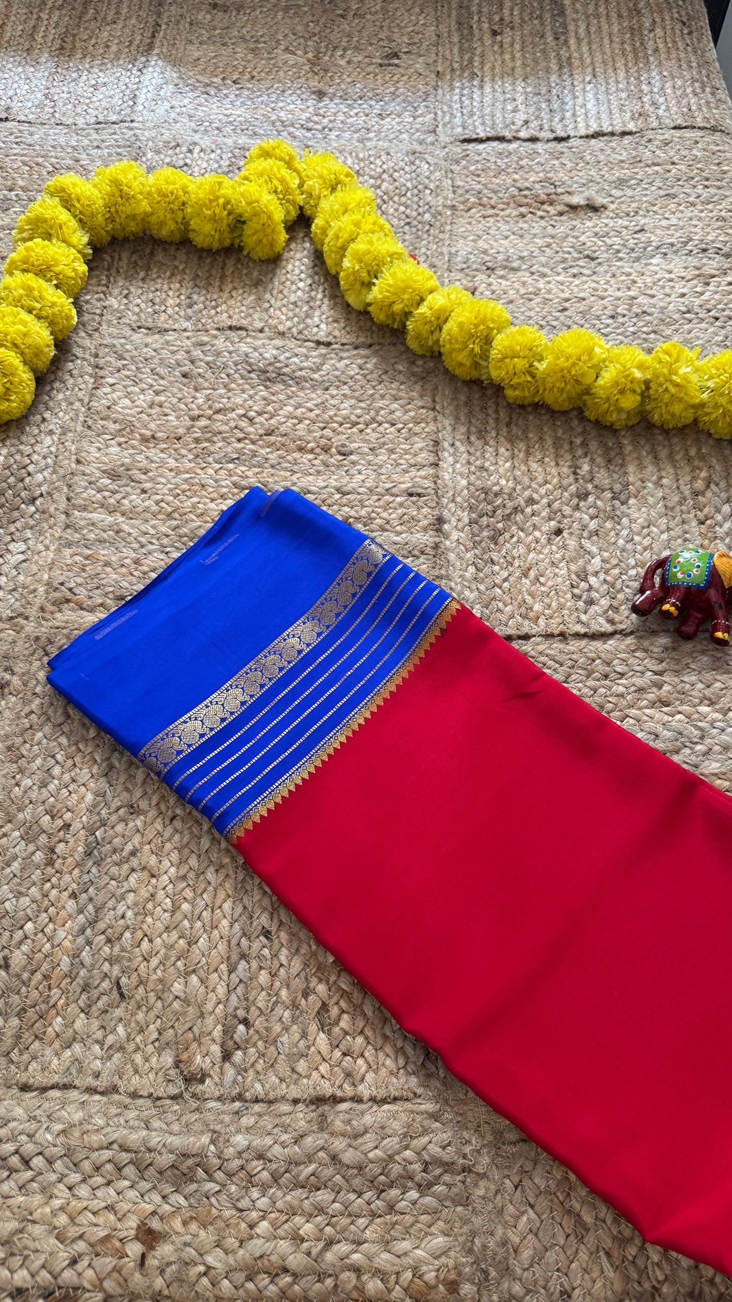 Mysore Silk Saree - Red and Royal Blue Peacock Boarder