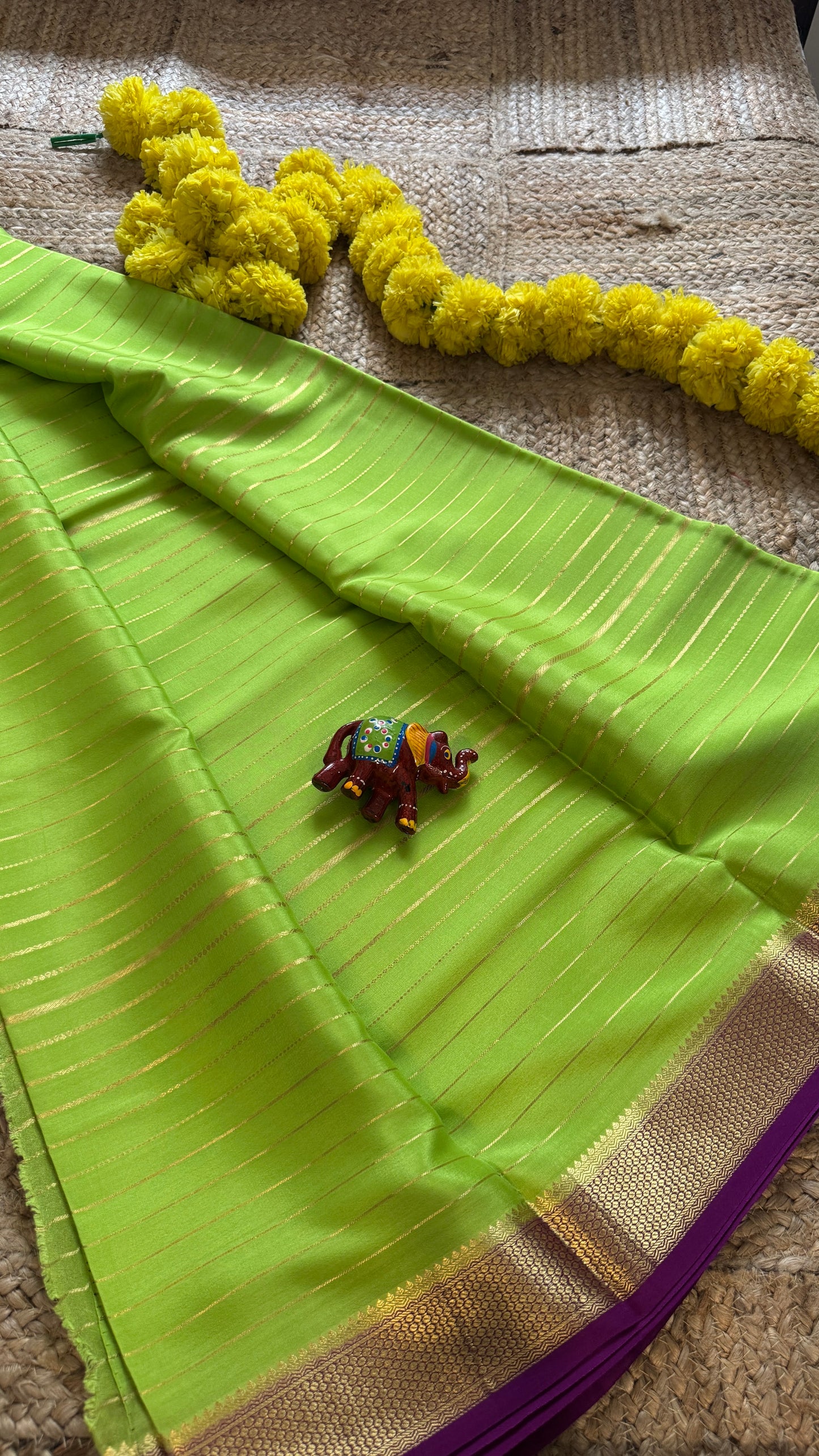 Pure Mysore Silk - Bespoke Drapes - Parrot Green & Purple with Lines