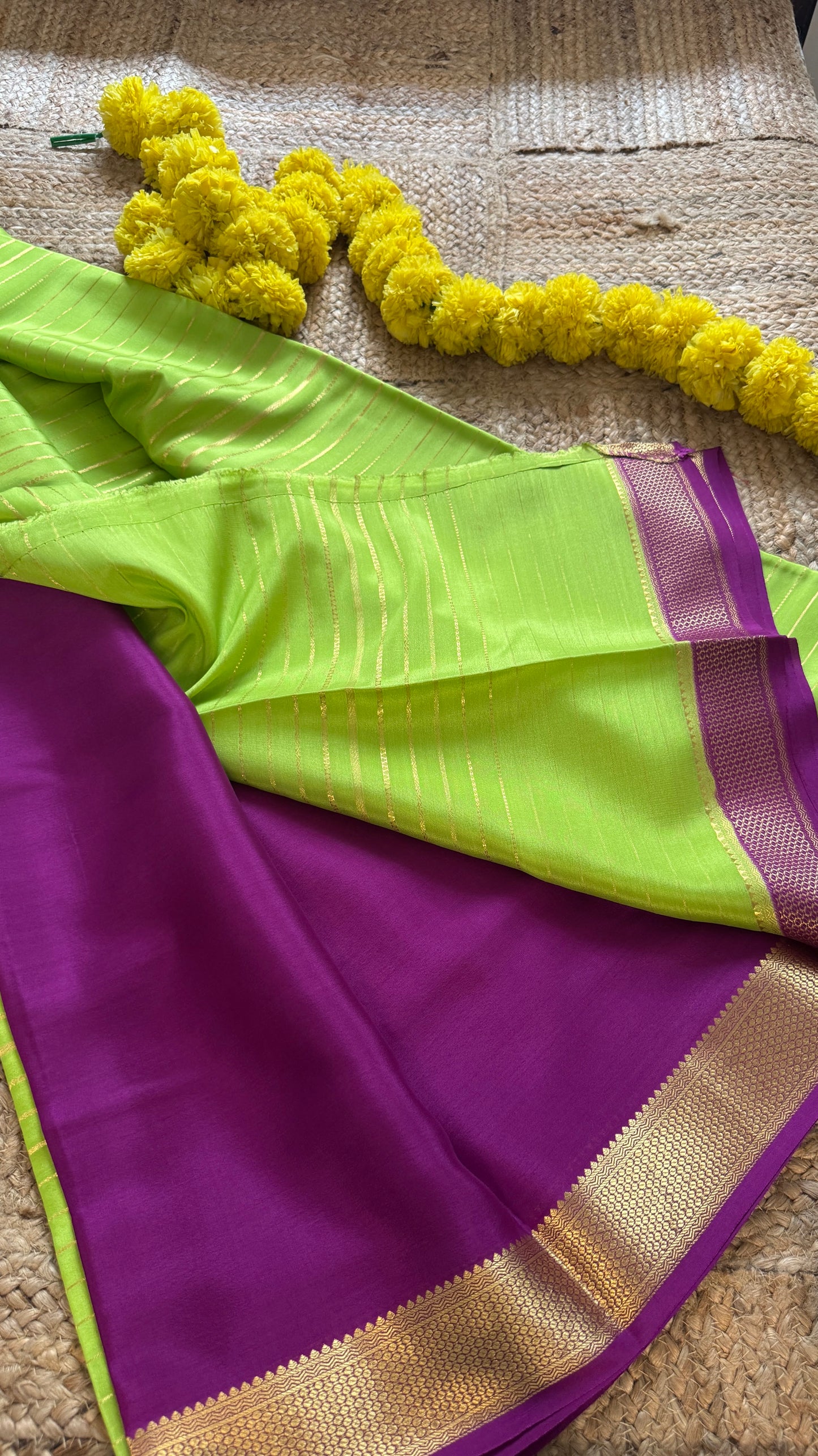 Pure Mysore Silk - Bespoke Drapes - Parrot Green & Purple with Lines