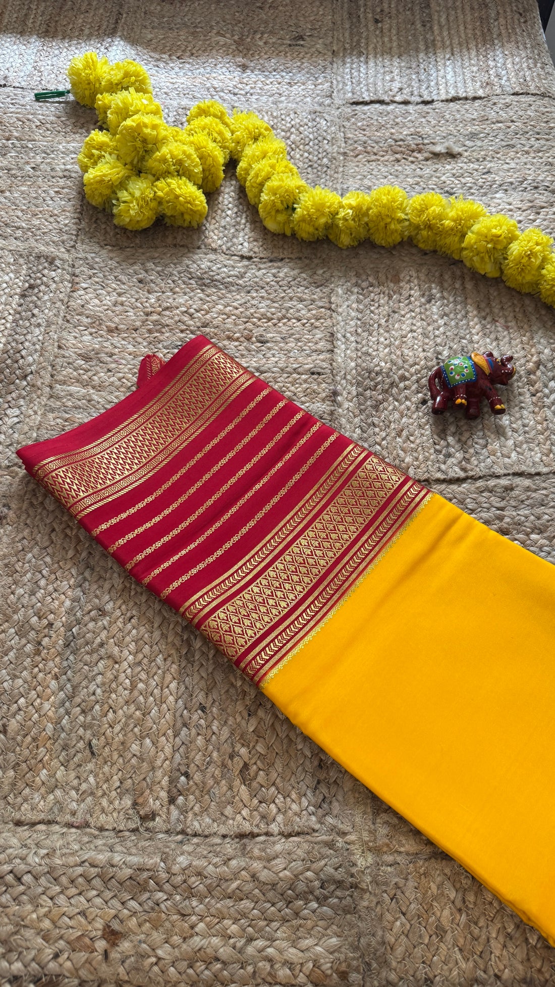 Pure Mysore Silk - Bespoke Drapes - Mustard and Red Lines Border