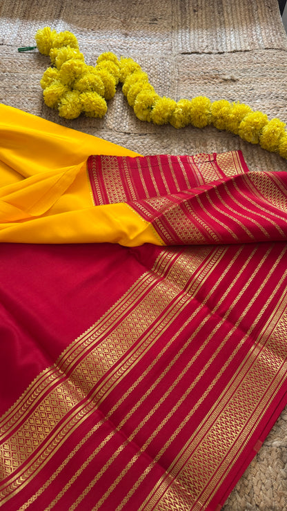 Pure Mysore Silk - Bespoke Drapes - Mustard and Red Lines Boarder