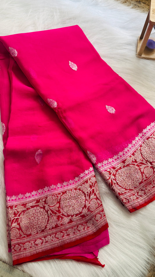Premium Pure Chiffon Georgette Saree - Pink and Red