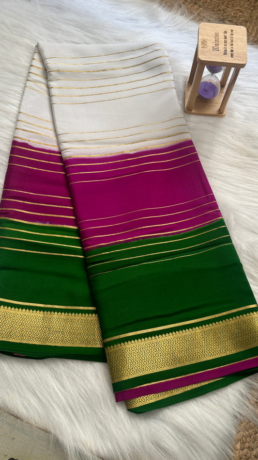 Premium Mysore Silk 3D Saree - White Green Purple