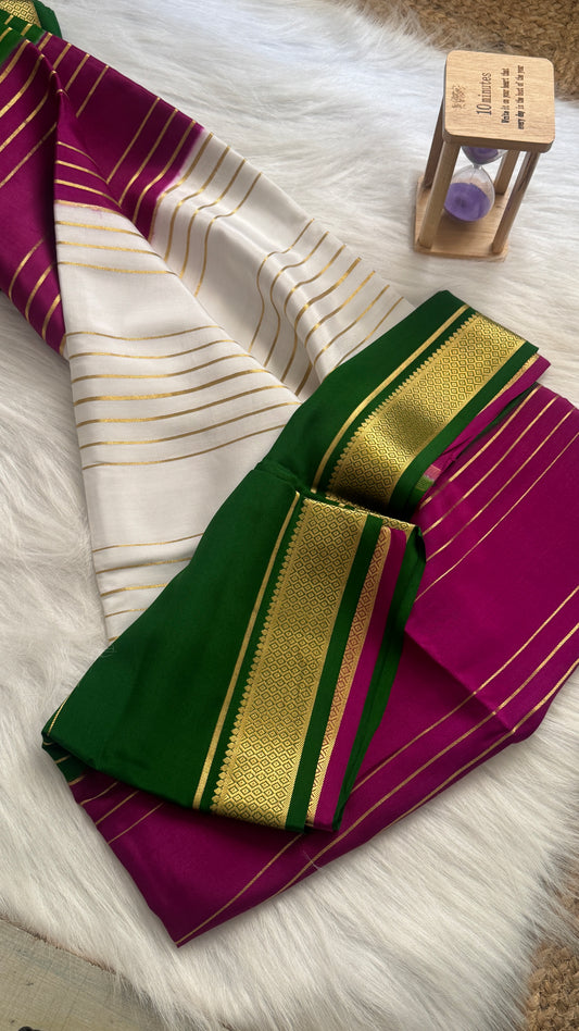 Premium Mysore Silk 3D Saree - White Green Purple