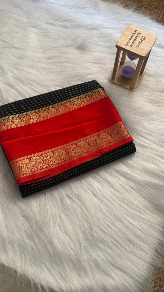 Semi Silk Saree with Gap Boarder - Black and Red