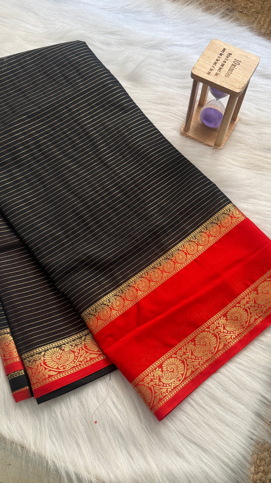 Semi Silk Saree with Gap Boarder - Black and Red
