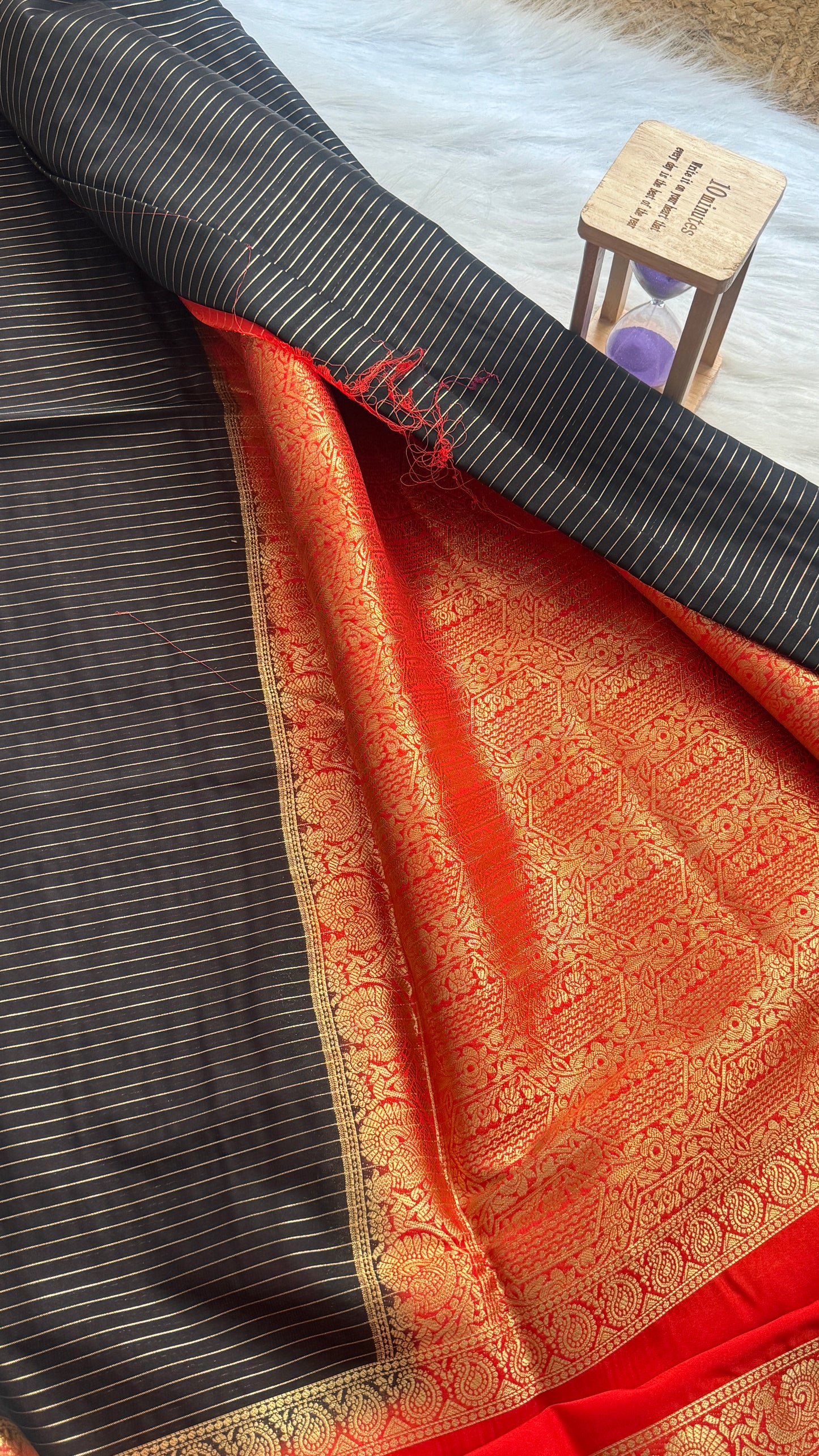 Semi Silk Saree with Gap Boarder - Black and Red