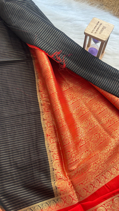 Semi Silk Saree with Gap Boarder - Black and Red
