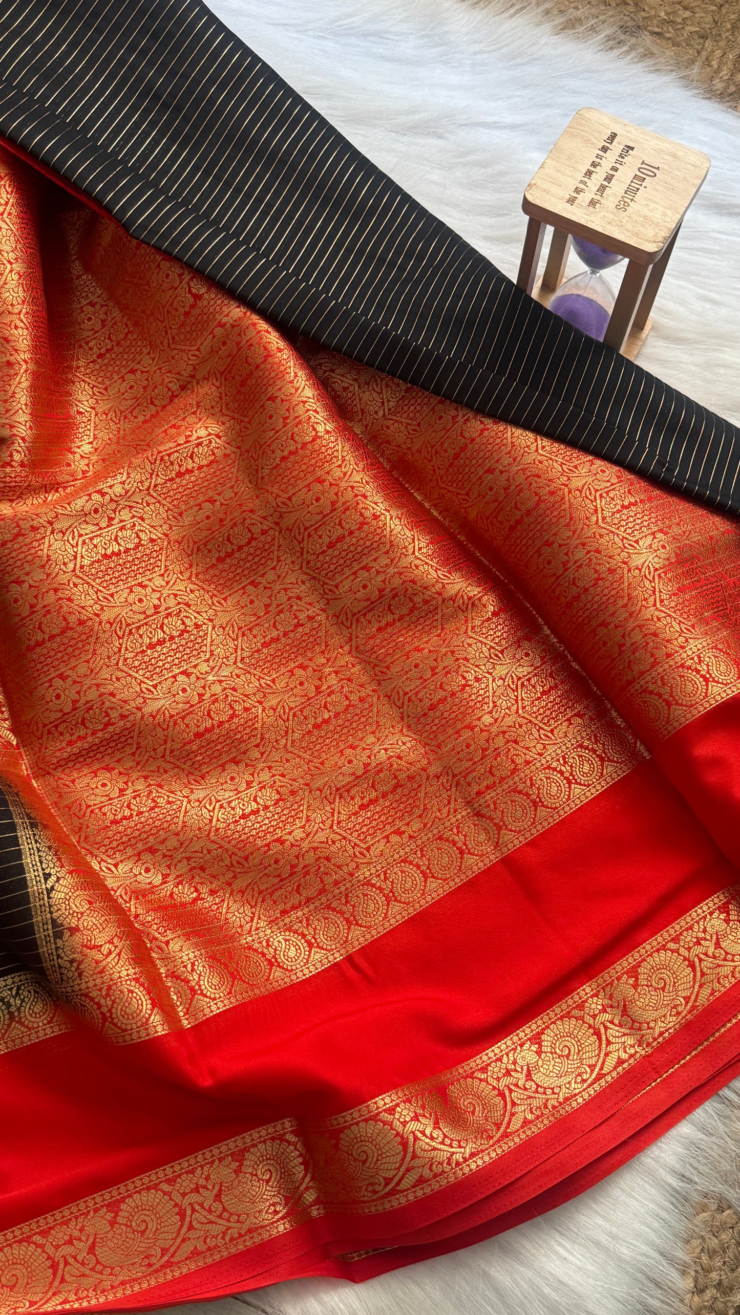 Semi Silk Saree with Gap Boarder - Black and Red