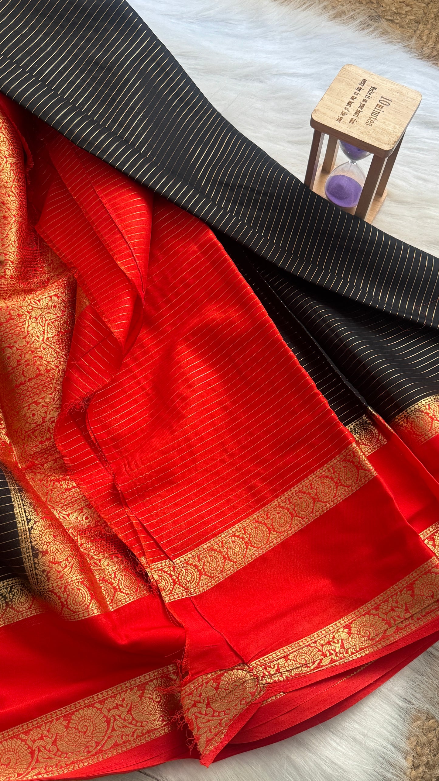 Semi Silk Saree with Gap Boarder - Black and Red