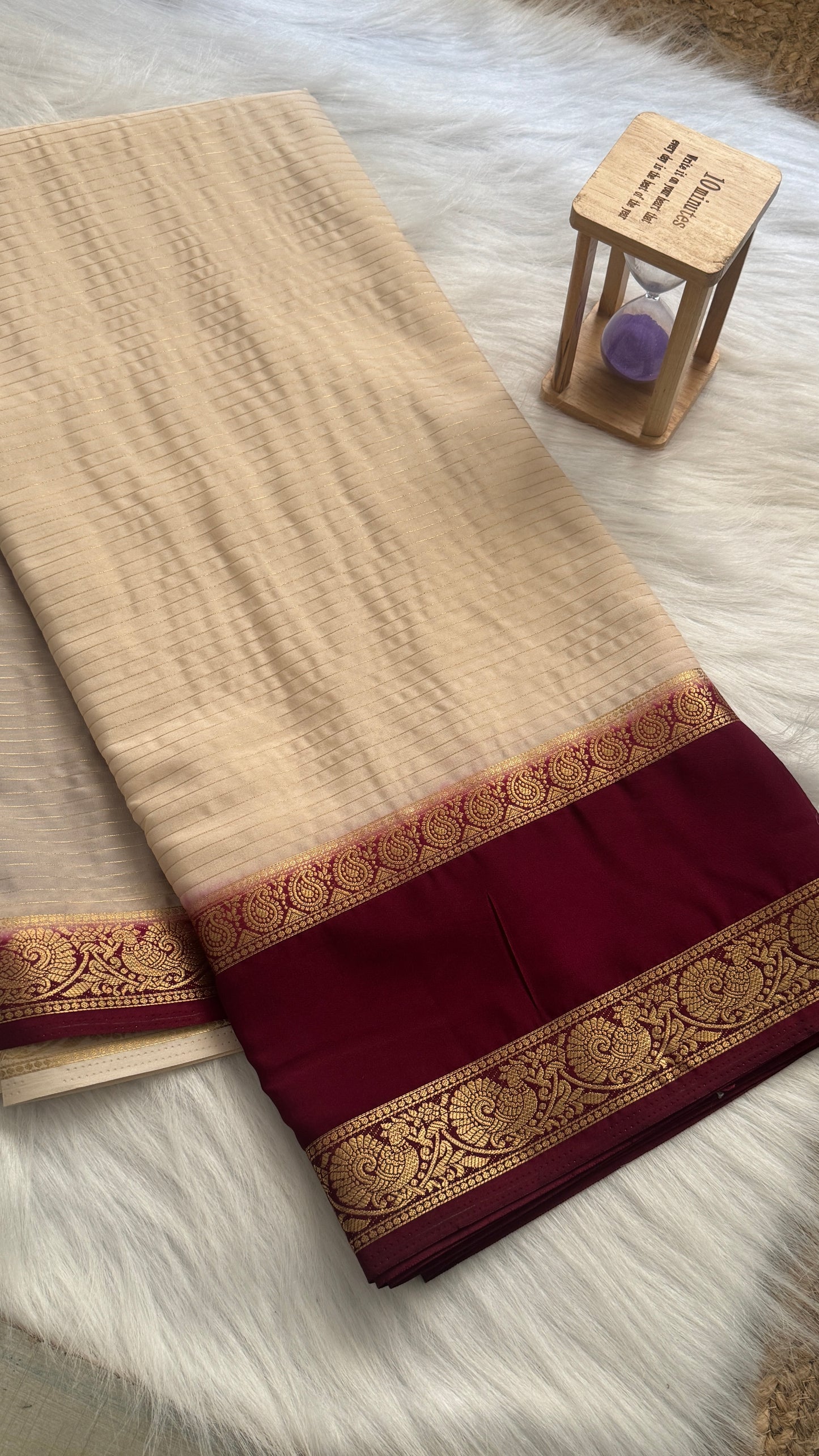 Semi Silk Saree with Gap Boarder - Off White and Maroon