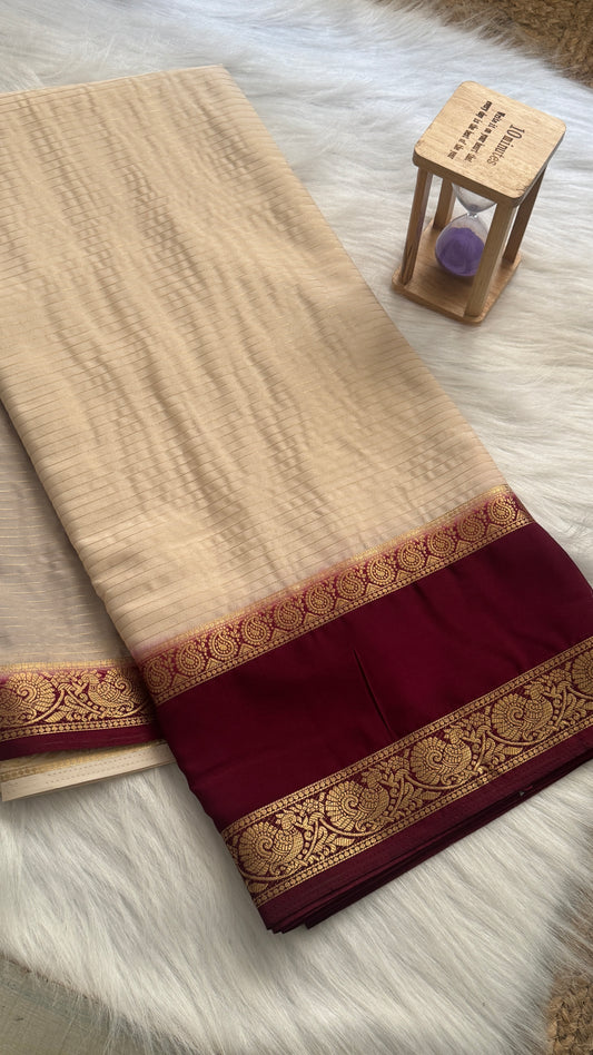 Semi Silk Saree with Gap Boarder - Off White and Maroon