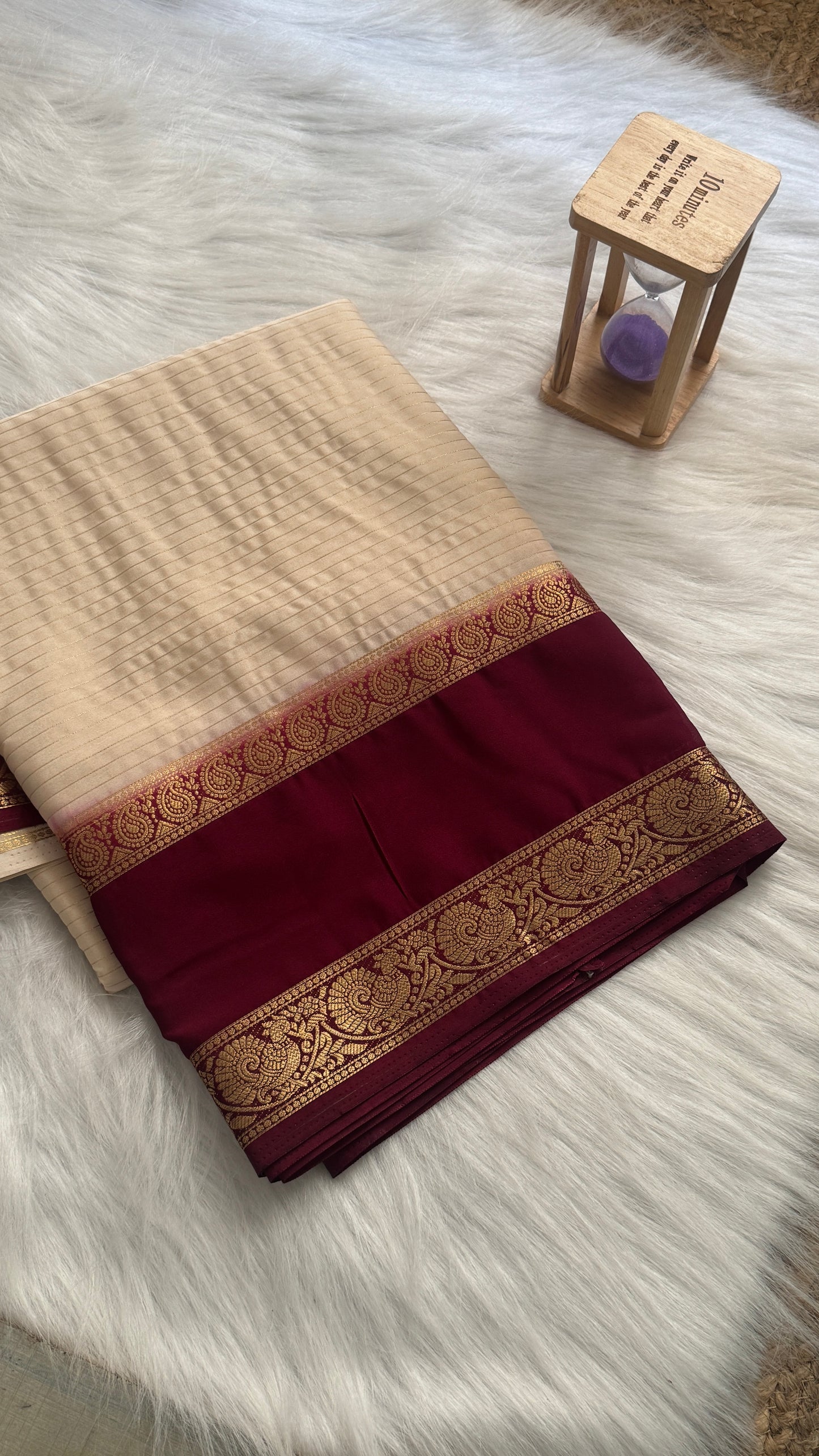 Semi Silk Saree with Gap Boarder - Off White and Maroon