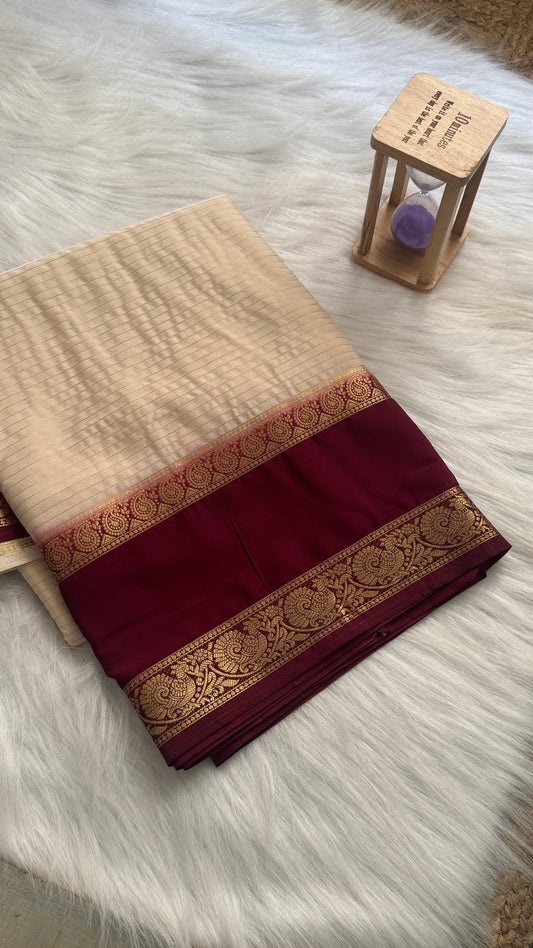 Semi Silk Saree with Gap Boarder - Off White and Maroon