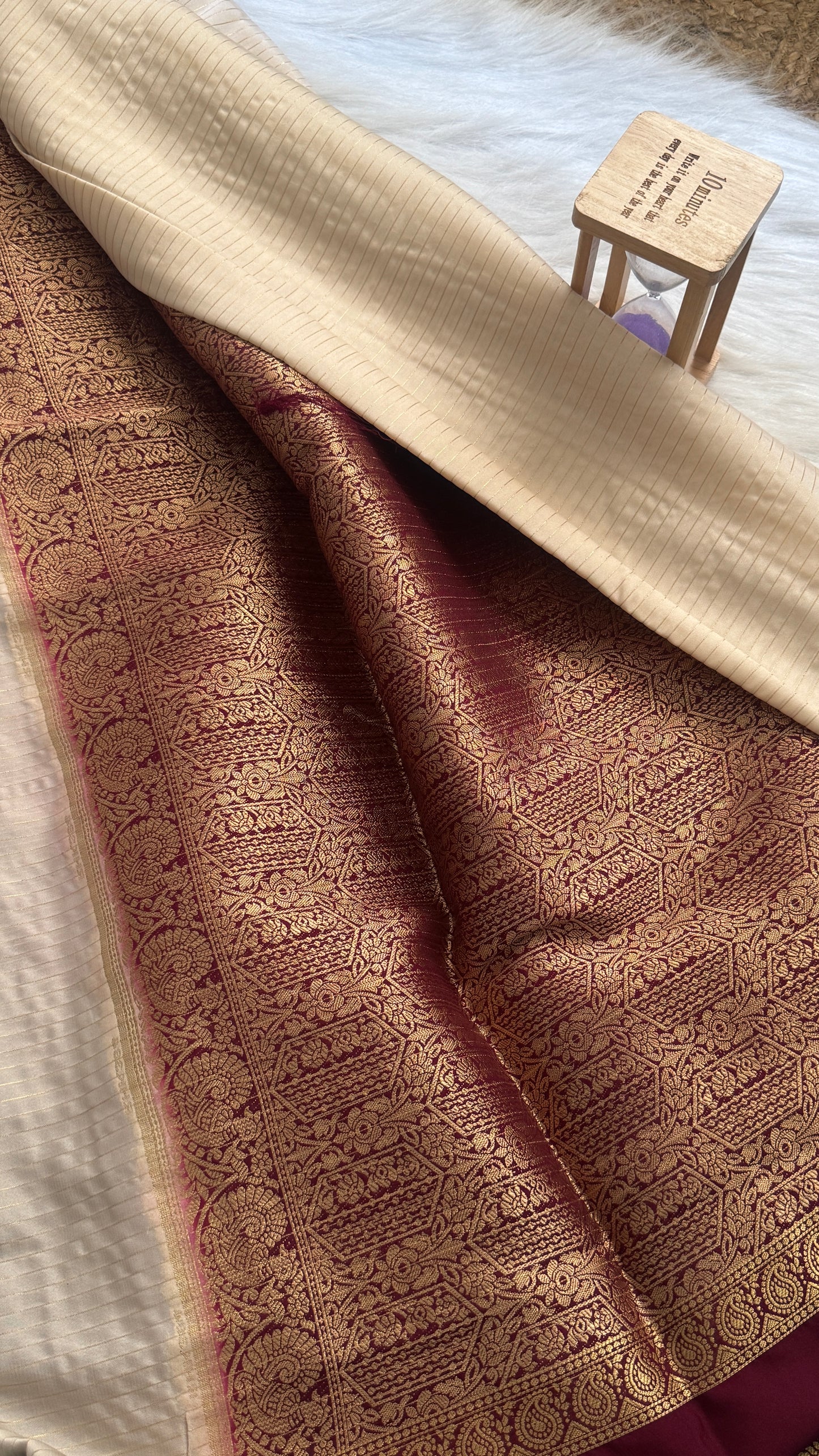 Semi Silk Saree with Gap Boarder - Off White and Maroon