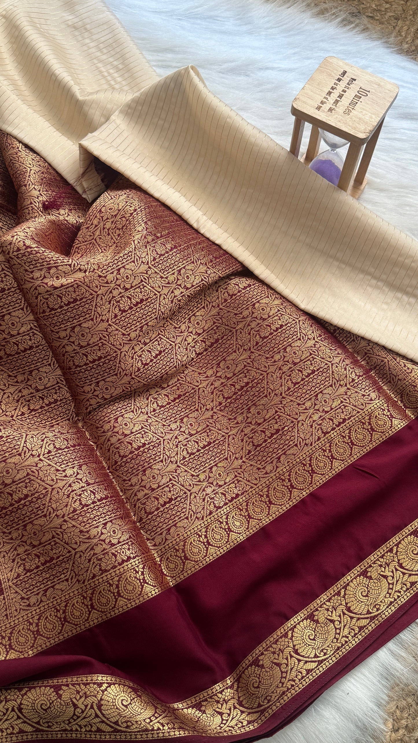 Semi Silk Saree with Gap Boarder - Off White and Maroon