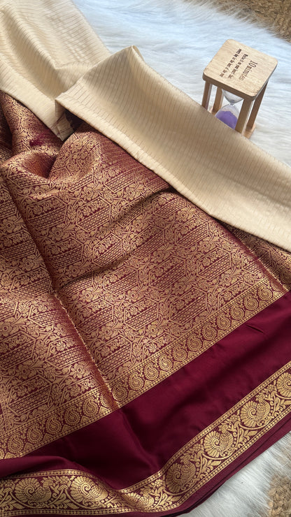 Semi Silk Saree with Gap Boarder - Off White and Maroon