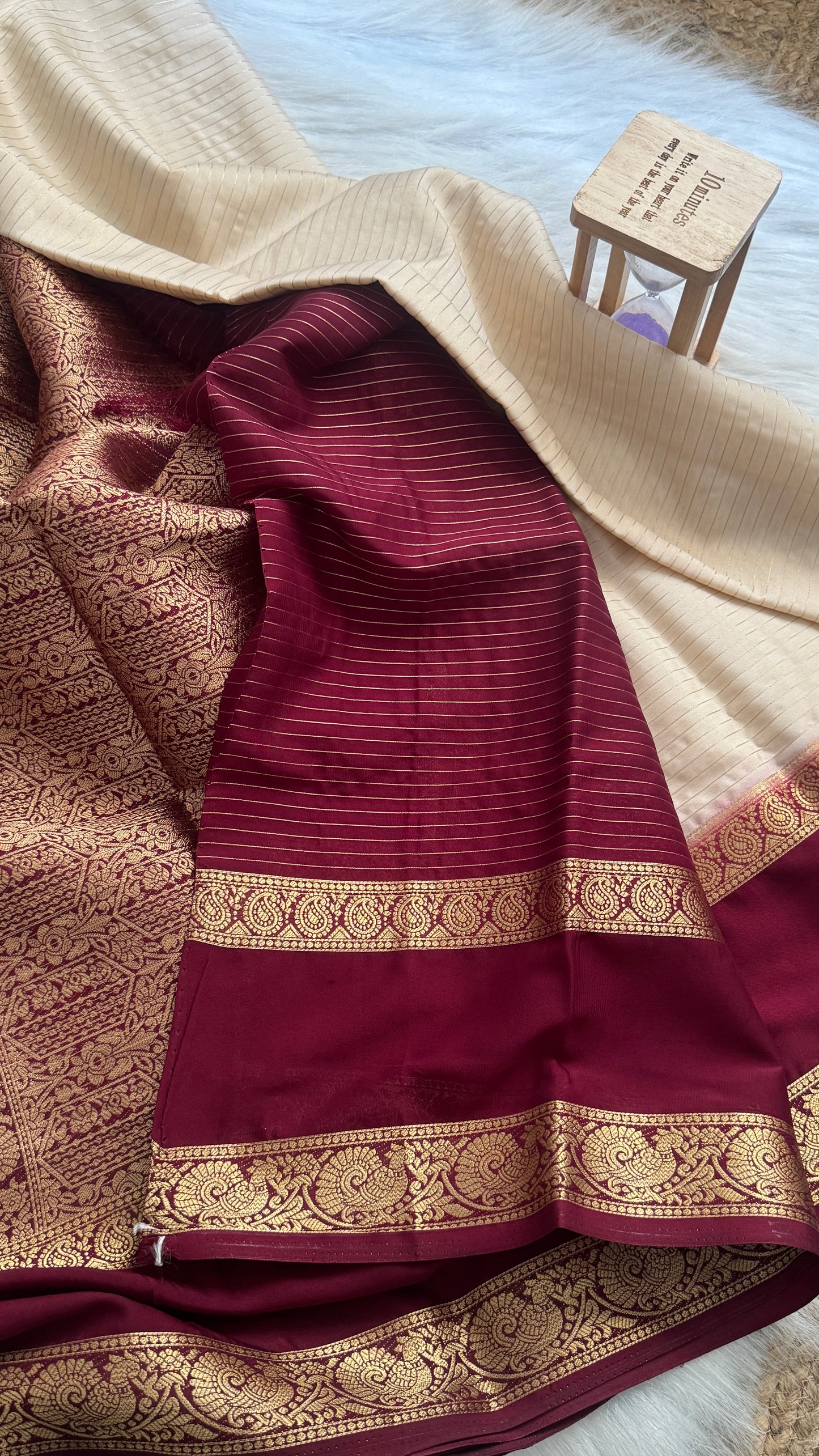 Semi Silk Saree with Gap Boarder - Off White and Maroon