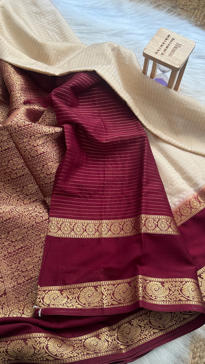 Semi Silk Saree with Gap Boarder - Off White and Maroon