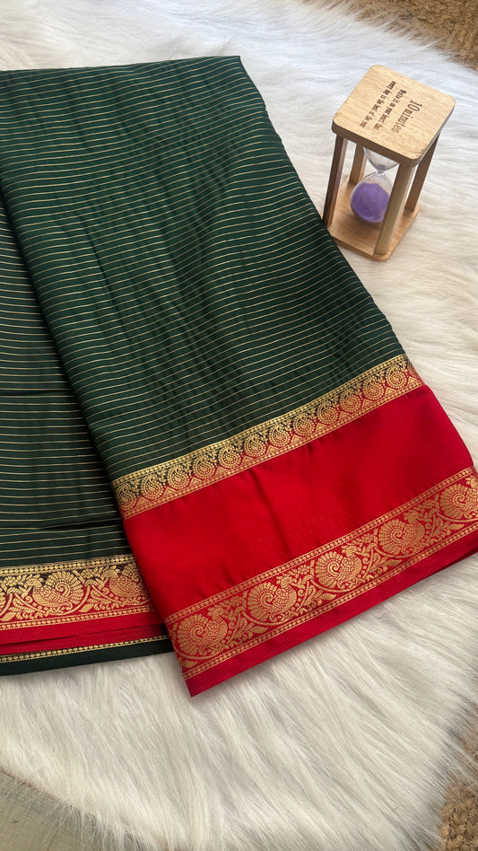 Semi Silk Saree with Gap Boarder - Bottle Green and Red