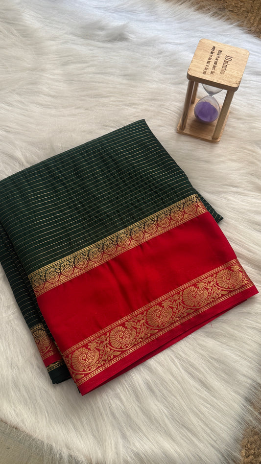Semi Silk Saree with Gap Boarder - Bottle Green and Red