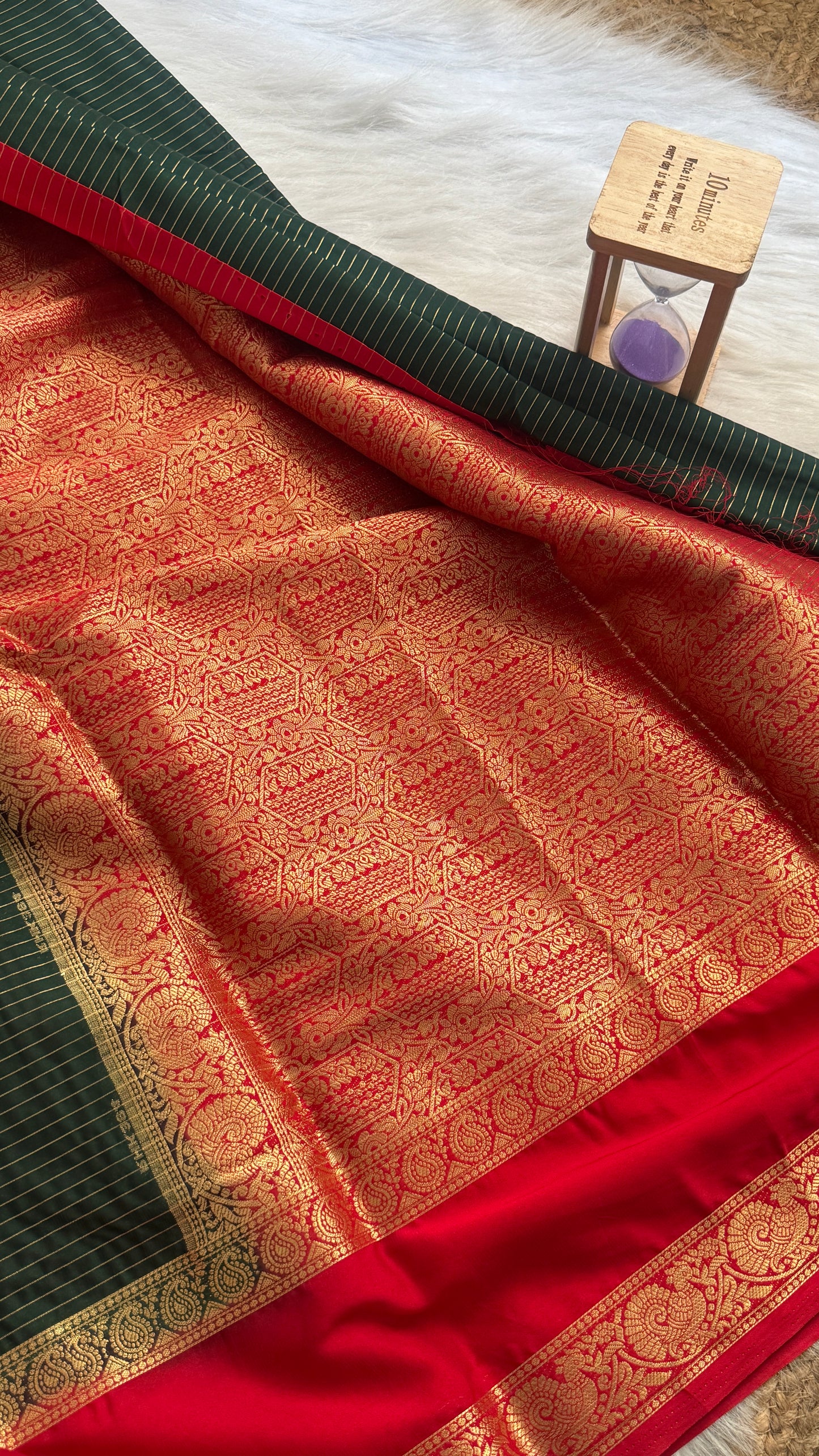 Semi Silk Saree with Gap Boarder - Bottle Green and Red