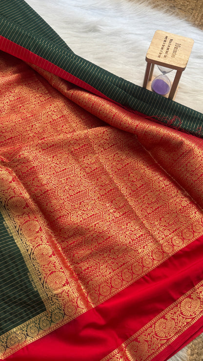 Semi Silk Saree with Gap Boarder - Bottle Green and Red