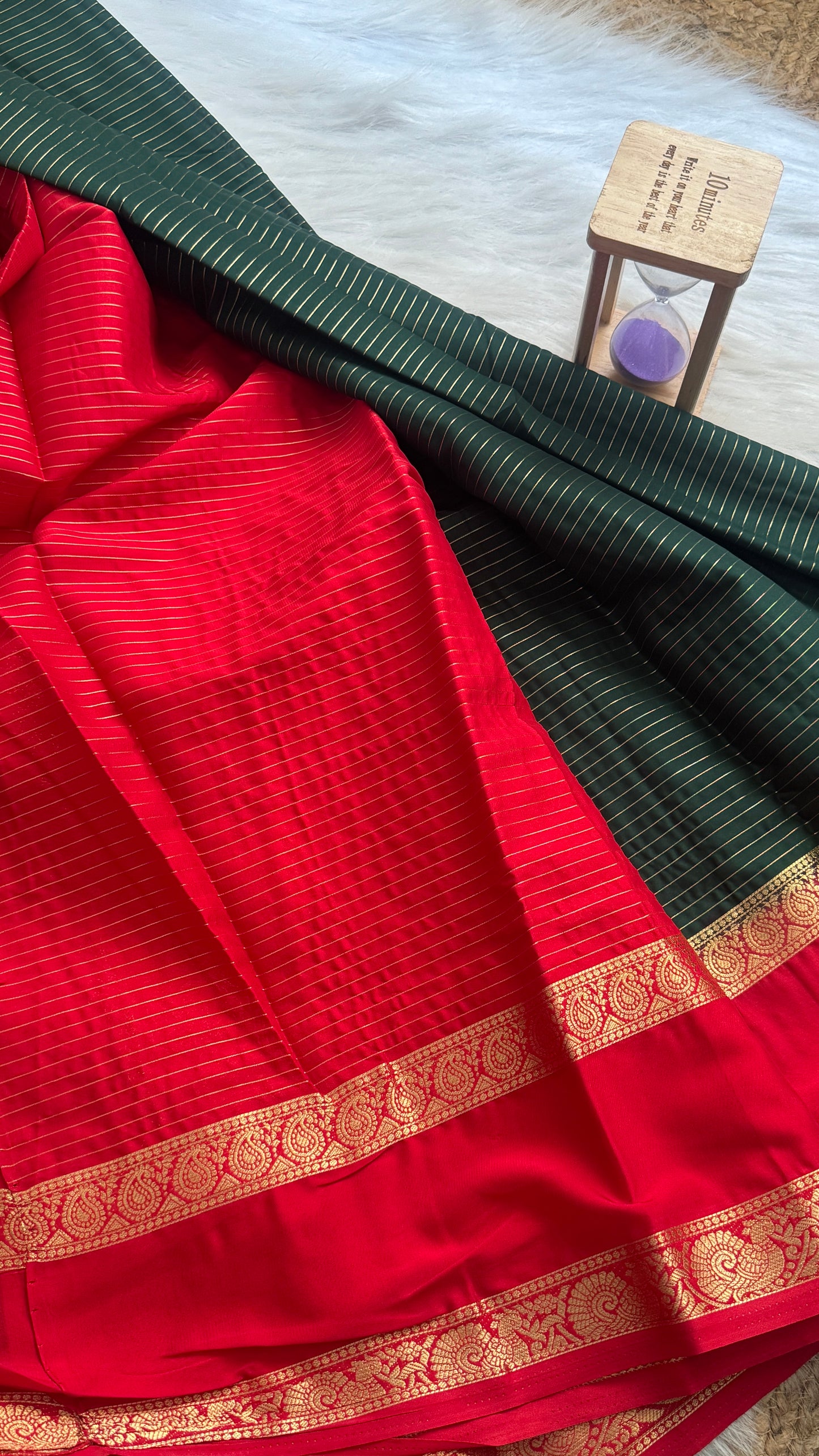 Semi Silk Saree with Gap Boarder - Bottle Green and Red