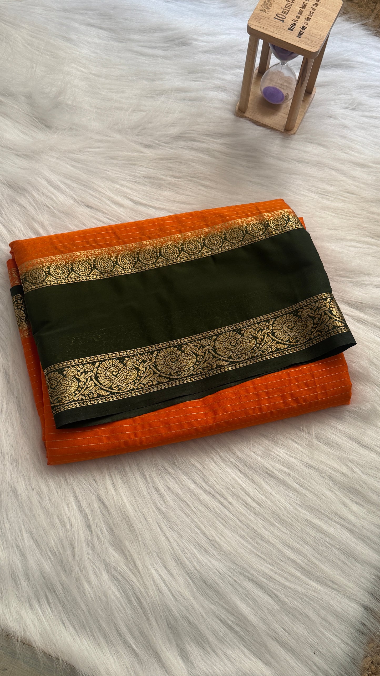 Semi Silk Saree with Gap Boarder - Orange and Green