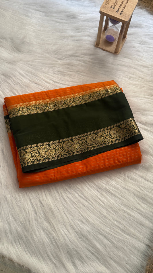 Semi Silk Saree with Gap Boarder - Orange and Green