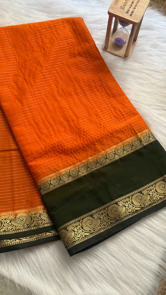 Semi Silk Saree with Gap Boarder - Orange and Green