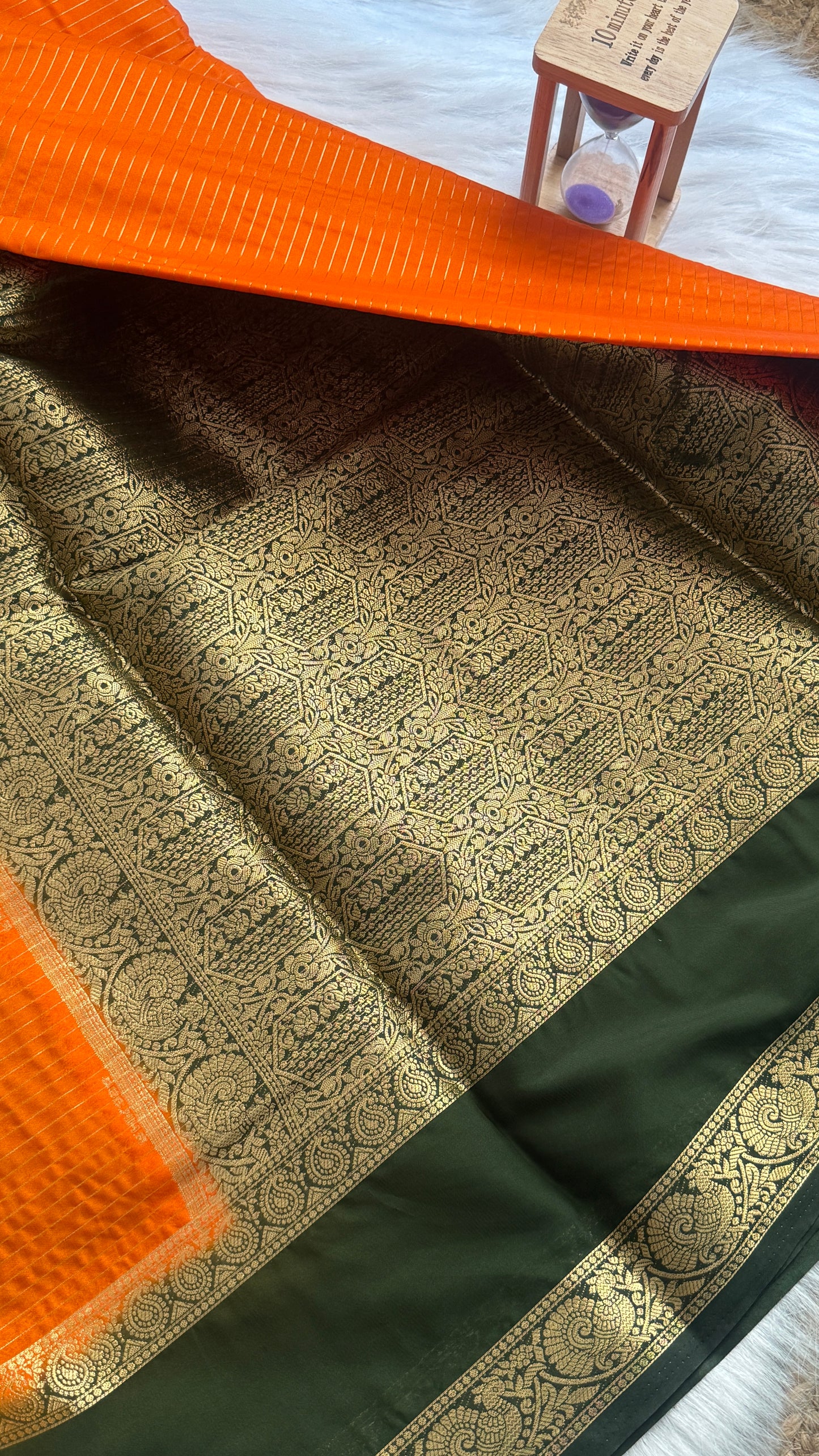 Semi Silk Saree with Gap Boarder - Orange and Green