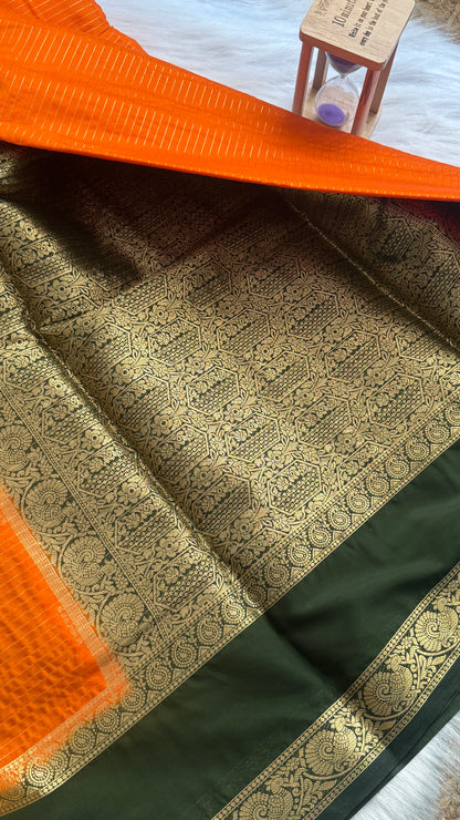 Semi Silk Saree with Gap Boarder - Orange and Green