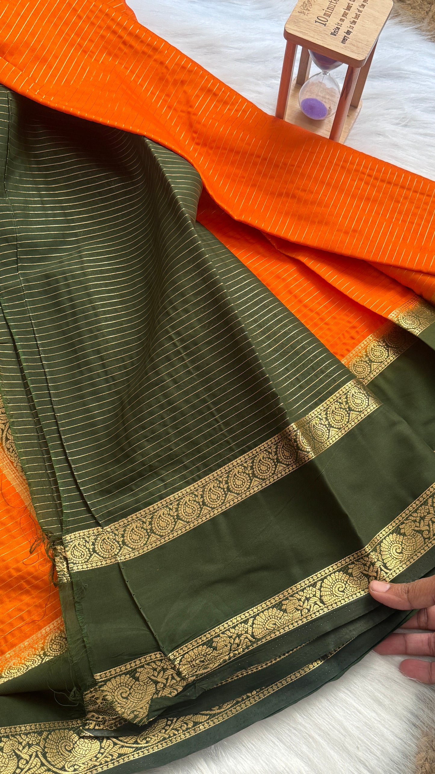 Semi Silk Saree with Gap Boarder - Orange and Green