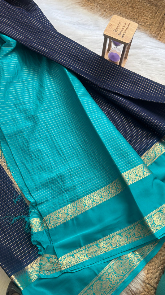 Semi Silk Saree with Gap Boarder - Navy Blue and Sky Blue