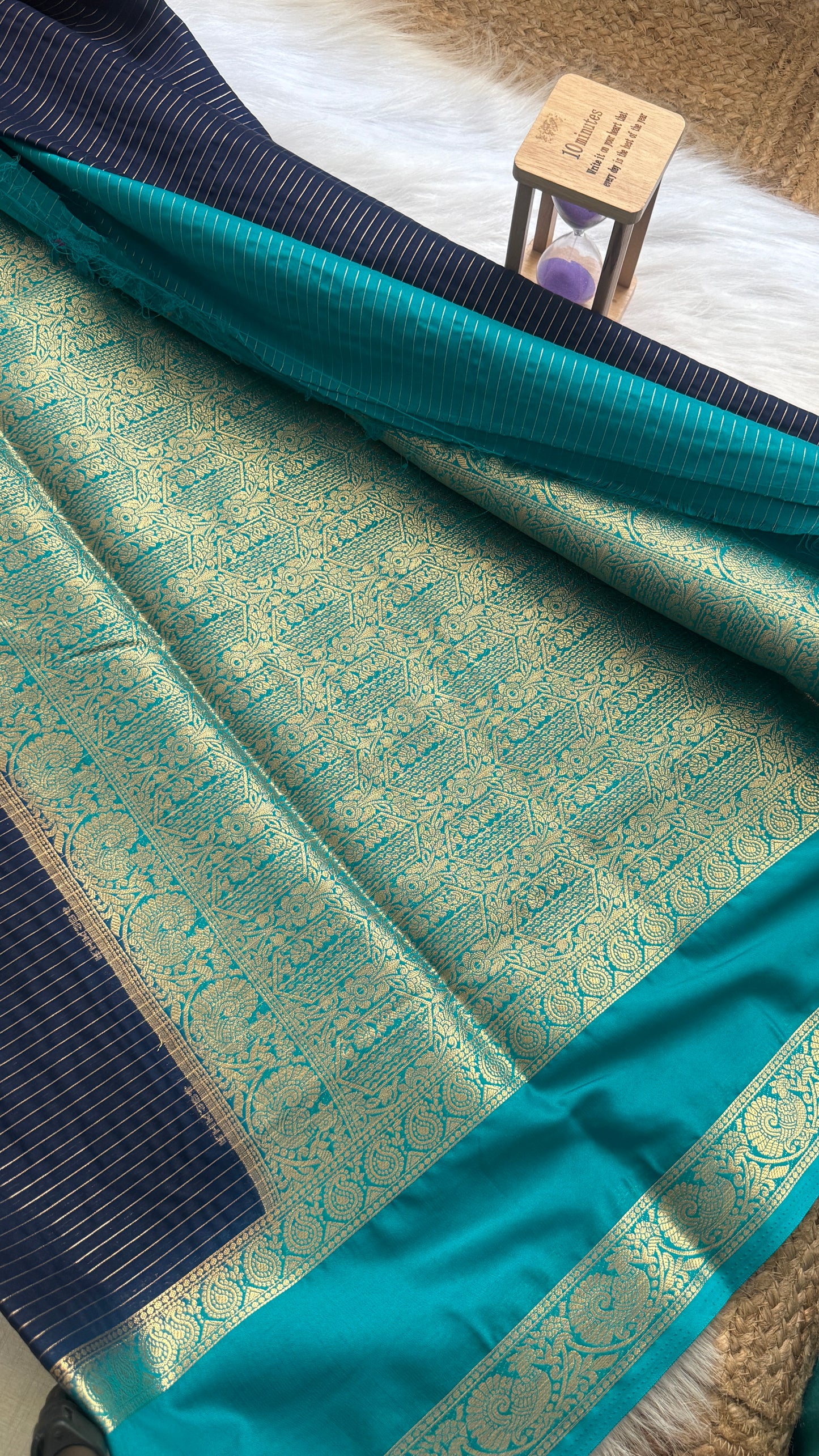 Semi Silk Saree with Gap Boarder - Navy Blue and Sky Blue